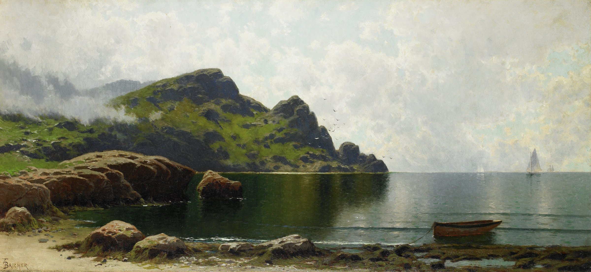 Alfred Thompson Bricher’s painting of a misty Grand Manan headland, calm water, sailboats, and a dinghy beside the shore