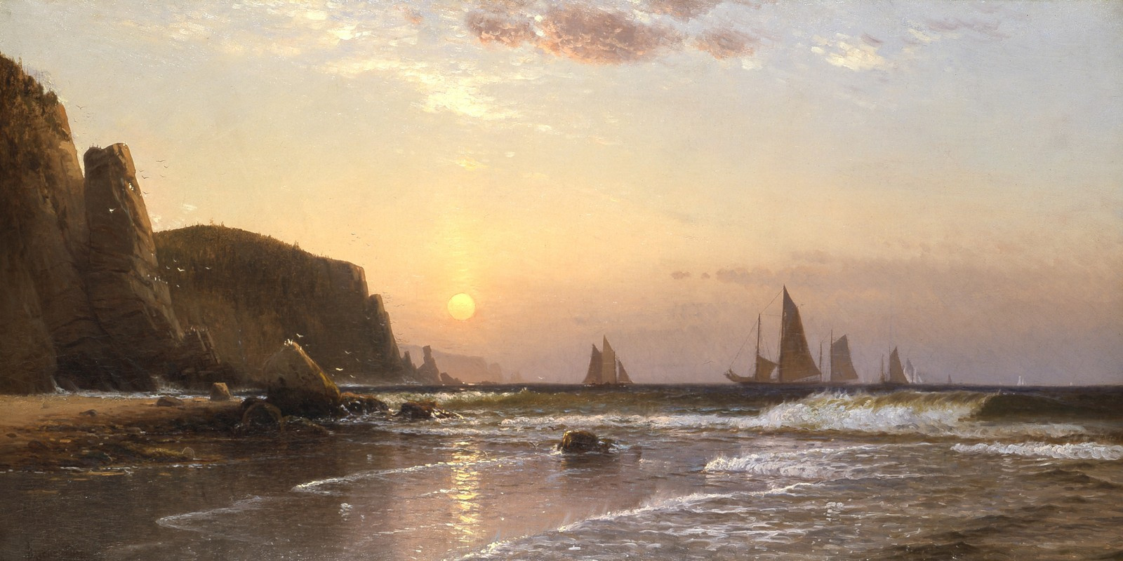 Alfred Thompson Bricher’s painting of sunrise over Grand Manan, with cliffs, sailing vessels, and waves breaking on the beach
