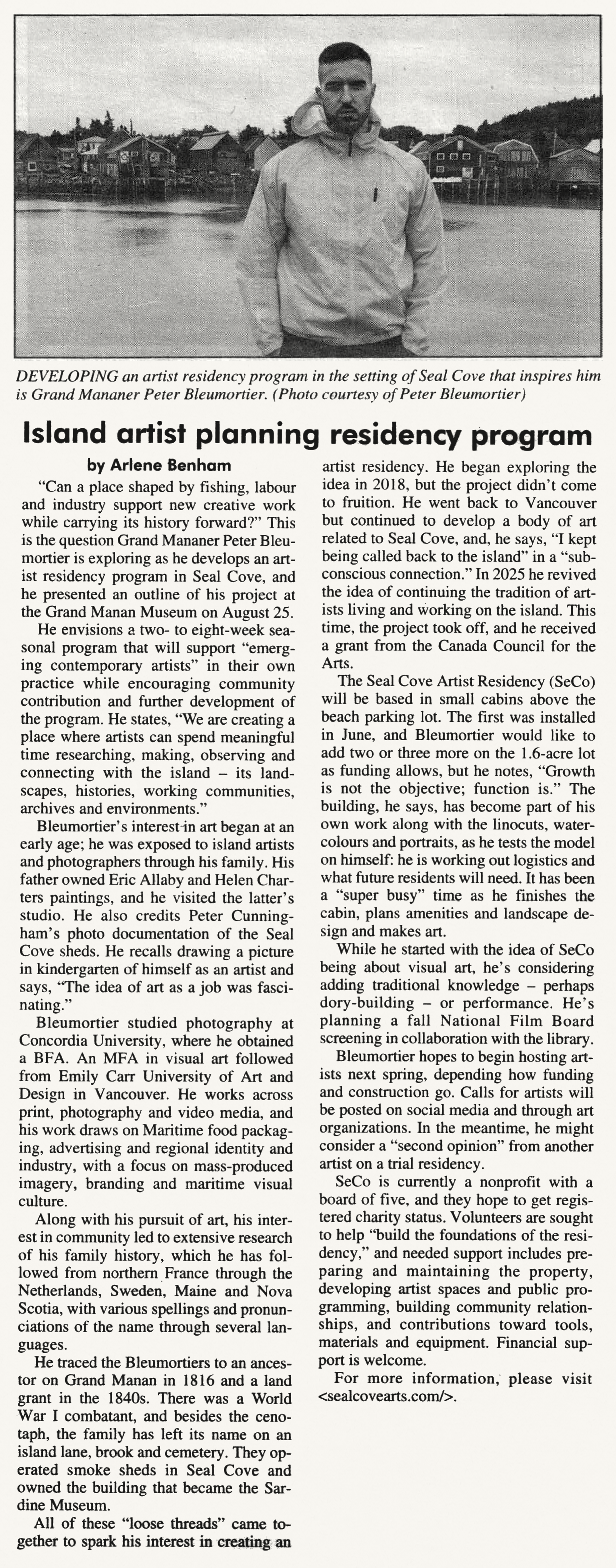 Full newspaper clipping of Island artist planning residency program, The Quoddy Tides, September 11, 2026